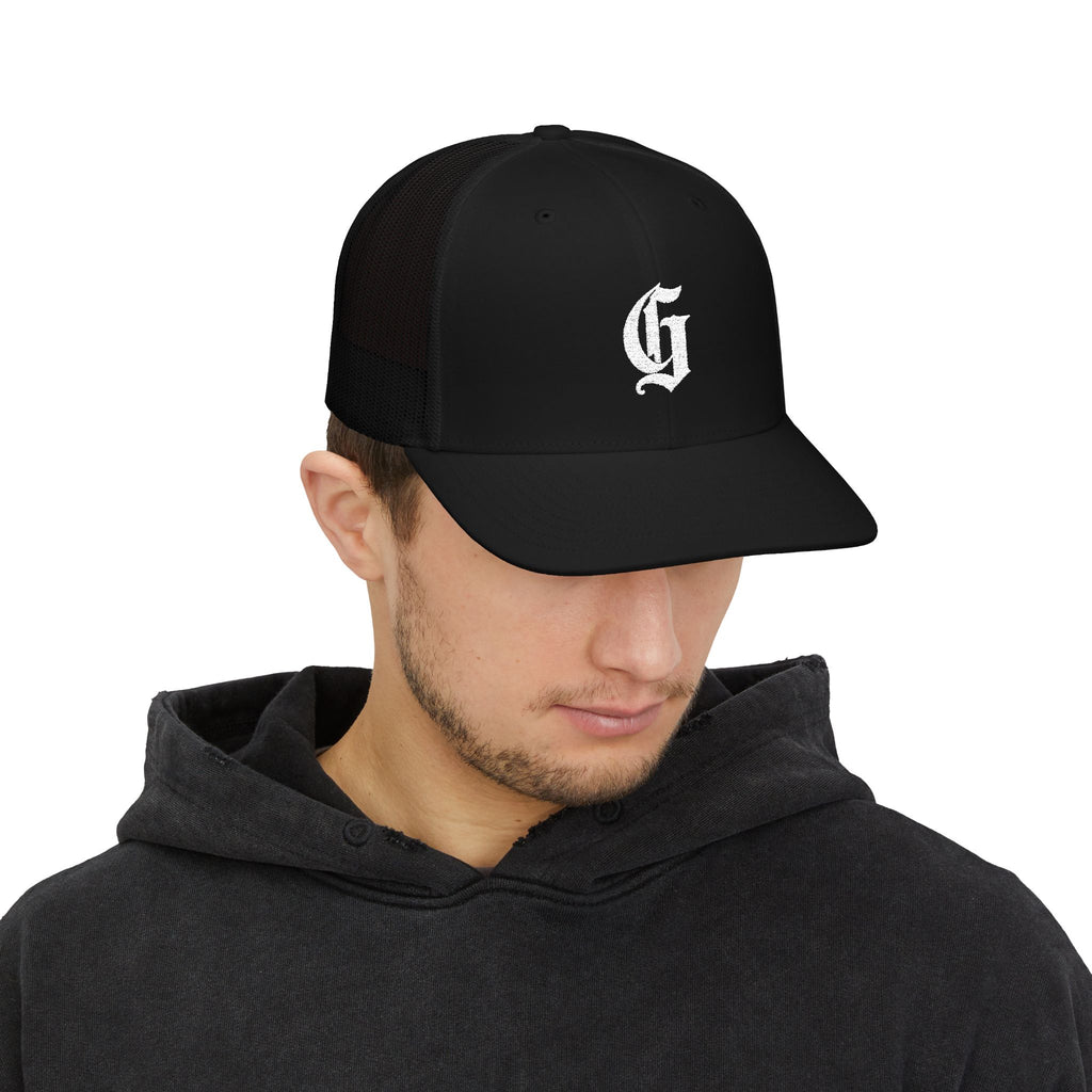 Embroidered Gothic 'G' Snapback Trucker Cap — Black & Yellow