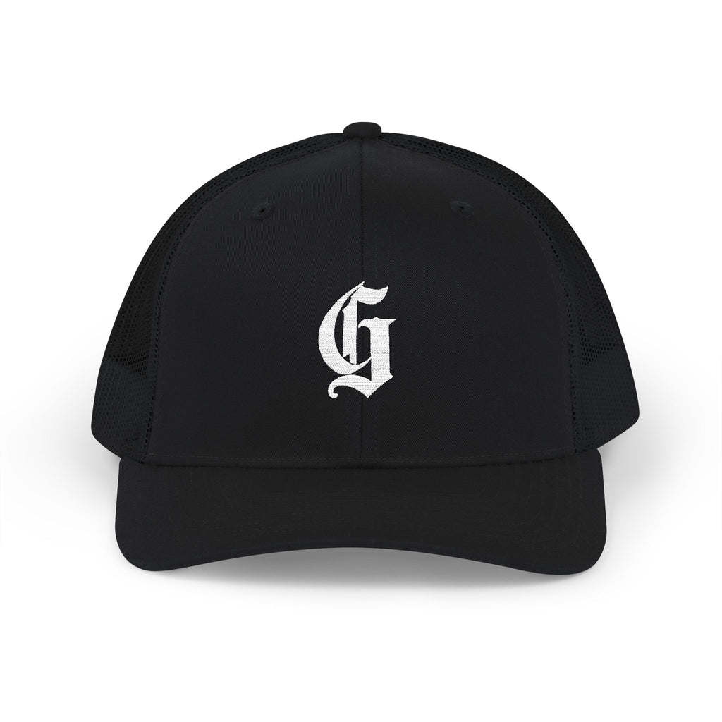Embroidered Gothic 'G' Snapback Trucker Cap — Black & Yellow