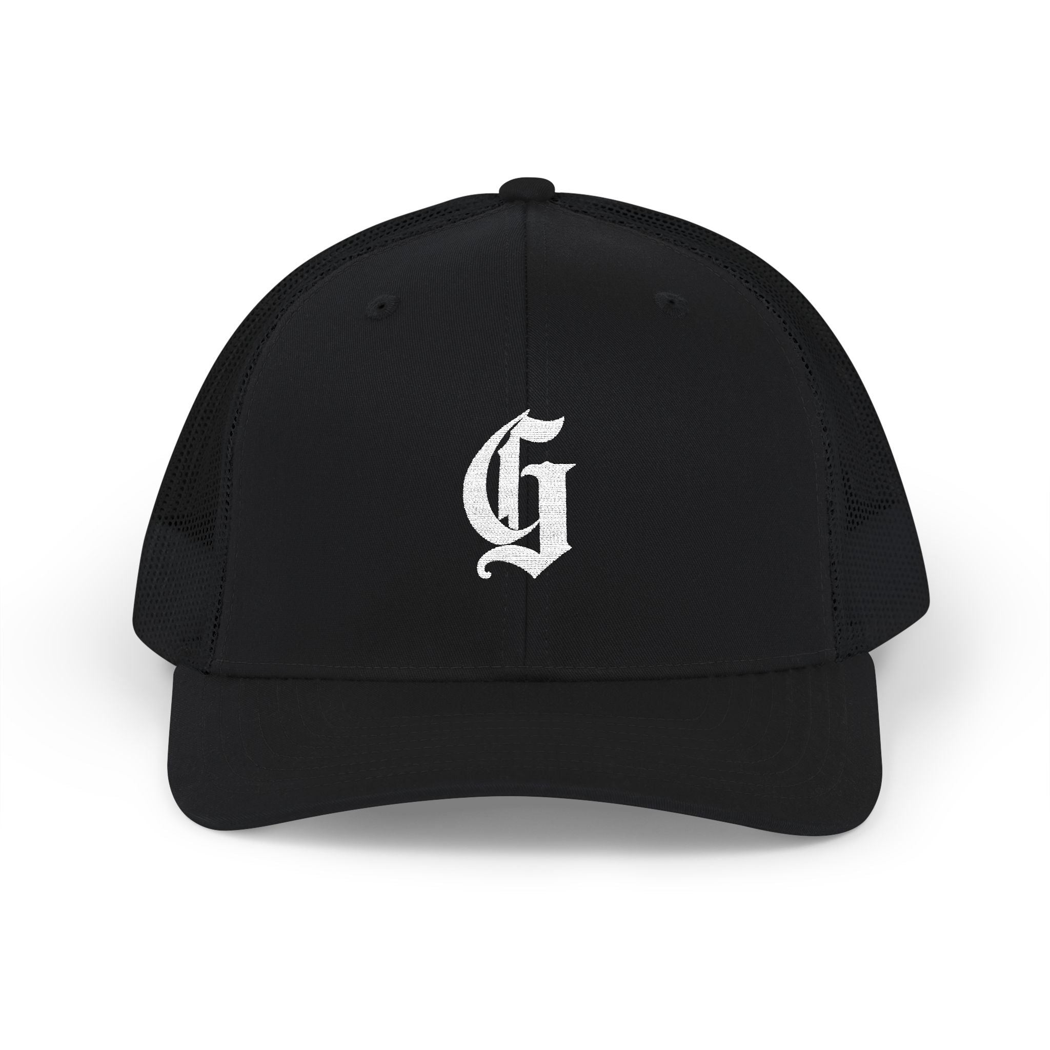 Embroidered Gothic 'G' Snapback Trucker Cap — Black & Yellow