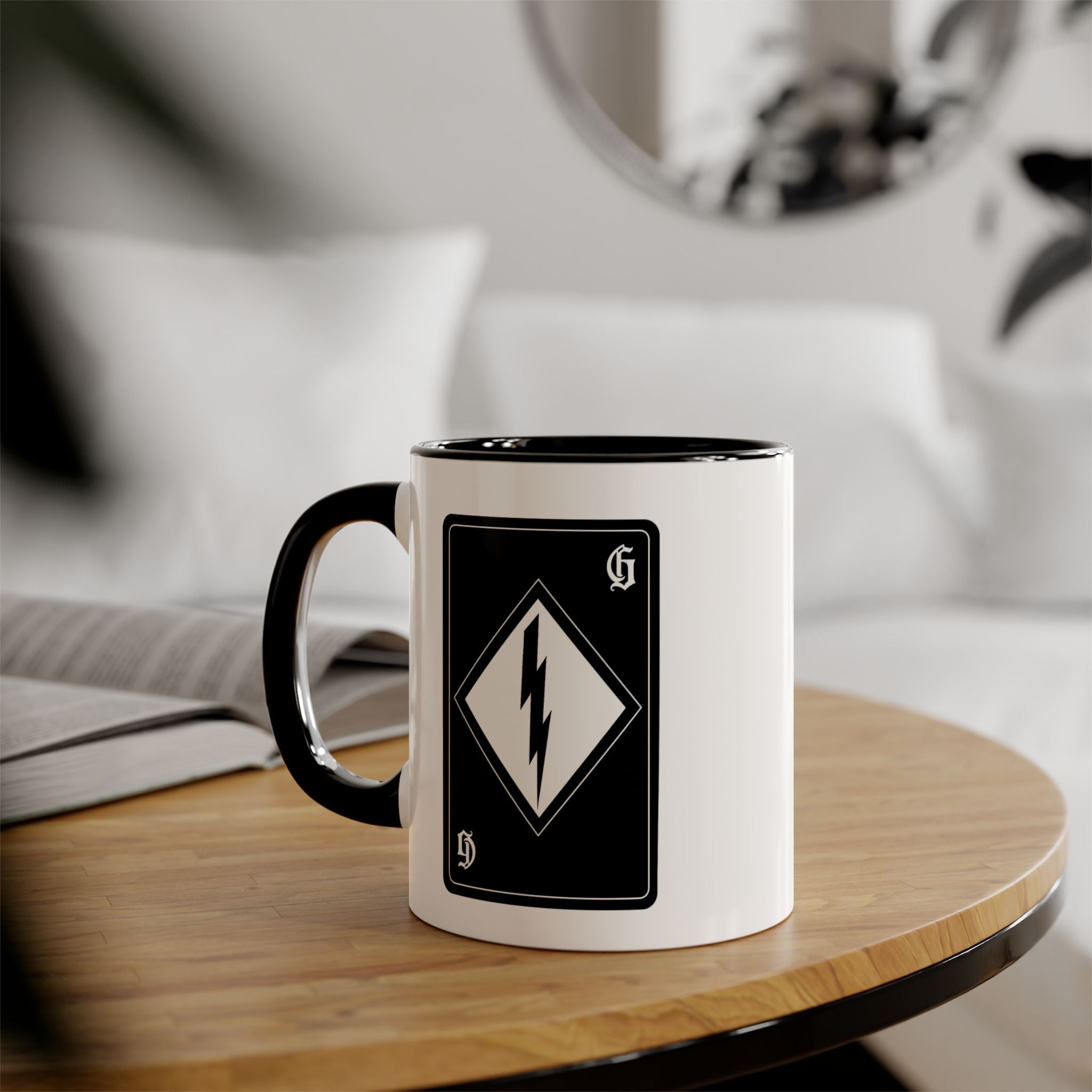 Lightning Bolt Accent Mug — Black & White Warning Sign Design, 11oz Ceramic